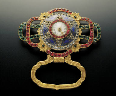 Champleve belt plaques inlaid with pearls, jewels and clock