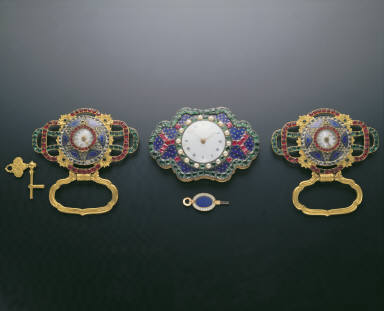 Set of champleve belt plaques inlaid with pearls, jewels and clock