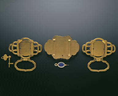 Set of champleve belt plaques inlaid with pearls, jewels and clock