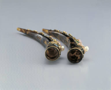 Pair of tortoise shell fingernail guards inlaid with pearls, jewels, jadeite and mallow blossom decoration