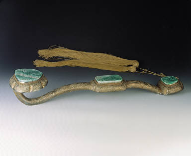 Gilt ru-yi scepter with jade inlays on the medallions and decorations of assorted auspicous motifs on the shaft