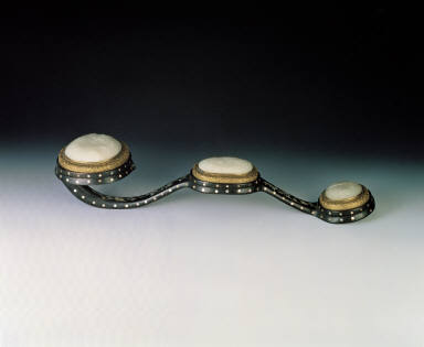 Red sandalwood ru-yi scepter with mother-of-pearl and jade inlays