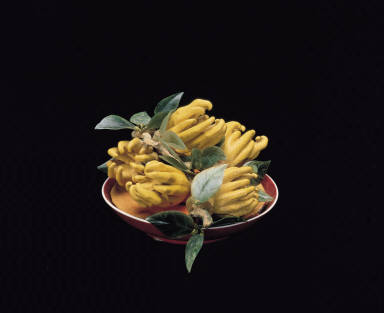 Wood carving of open-finger citrons and porcelain plate