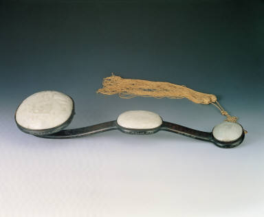 Red sandalwood ru-yi scepter, with medallions and shaft inlaid with jade and one hundred Shou(meaning longevity) characters respectively