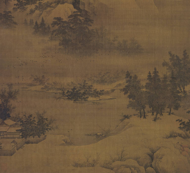 Snow at Dusk over Mountains and River