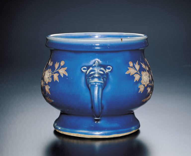 Cobalt blue glazed incense burner with applique and two handles