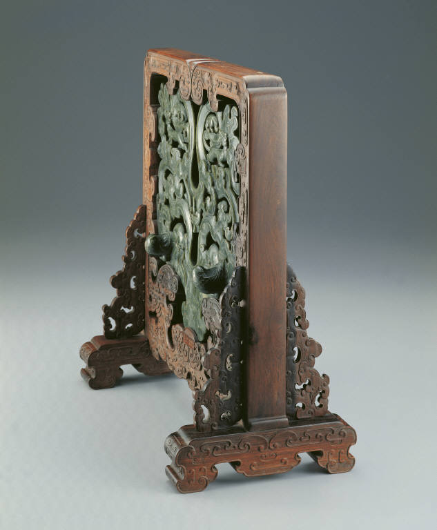 Wood stand with jade plague