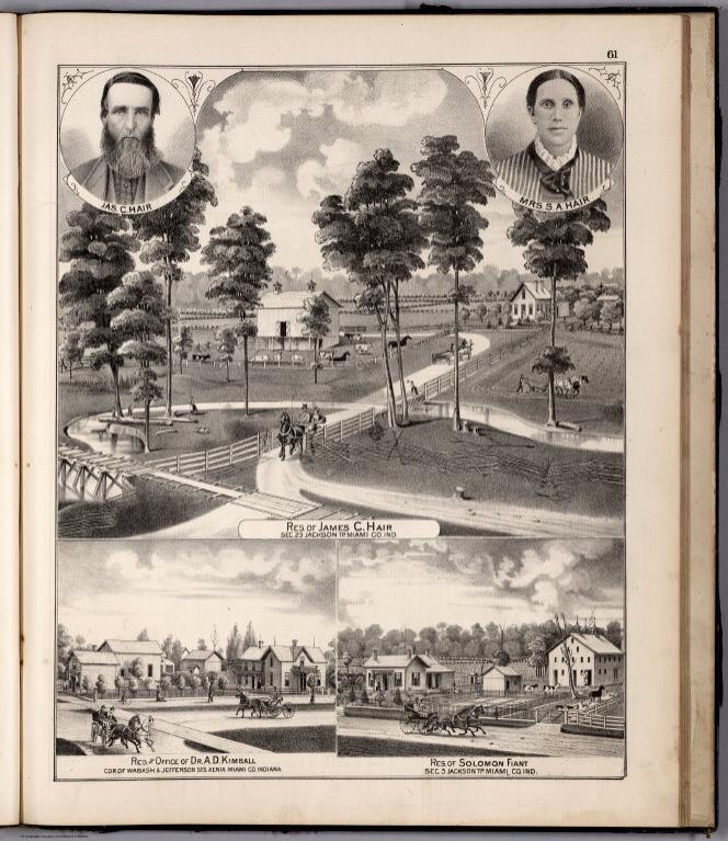 View: Residences of James C. Hair, A.D. Kimball, Solomon Fiant, Miami County, Indiana.