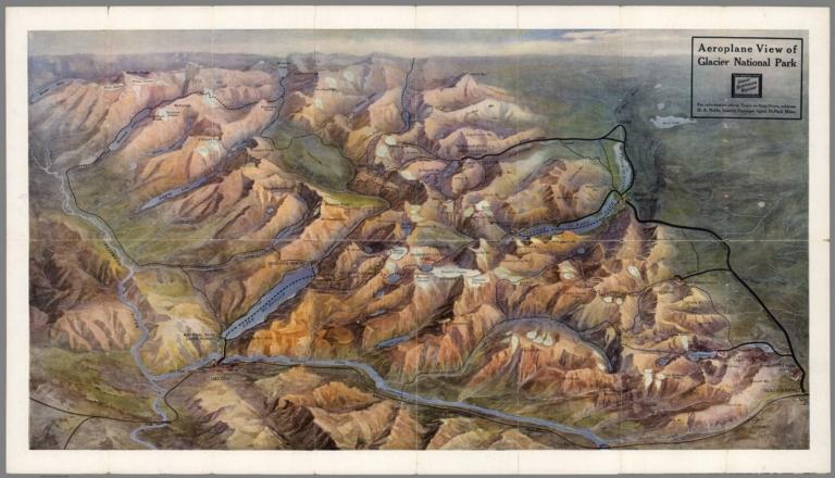 Aeroplane View of Glacier National Park. "See America First", Great Northern Railway.National Park Route.