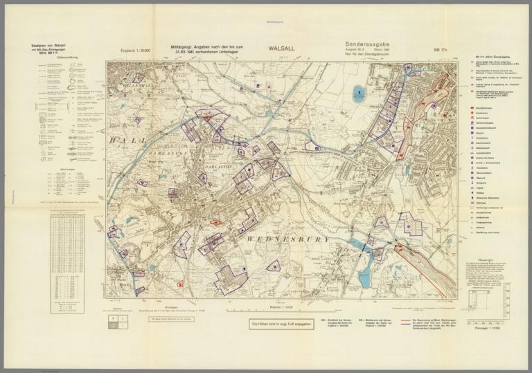 Street Map of Walsall, England with Military-Geographic Features. BB 17h.