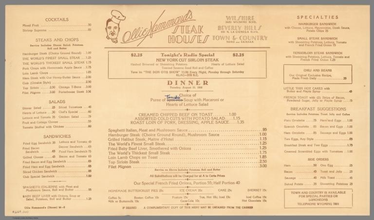 Menu: Ollie Hammond's Steak Houses.