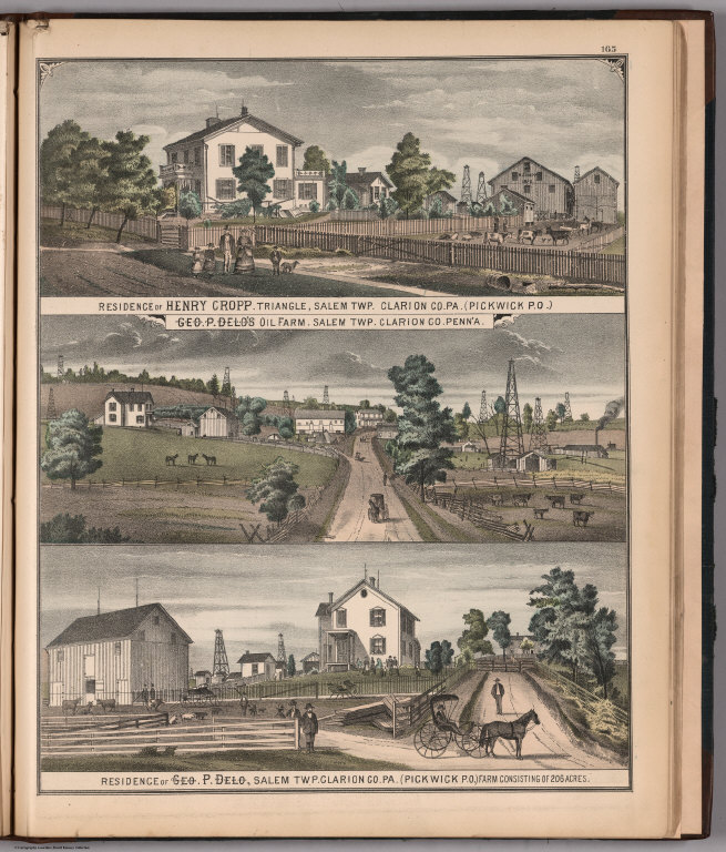 View: Residence of Henry Cropp. Geo. P. Delo's Oil Farm. Residence of Geo. P. Delo.