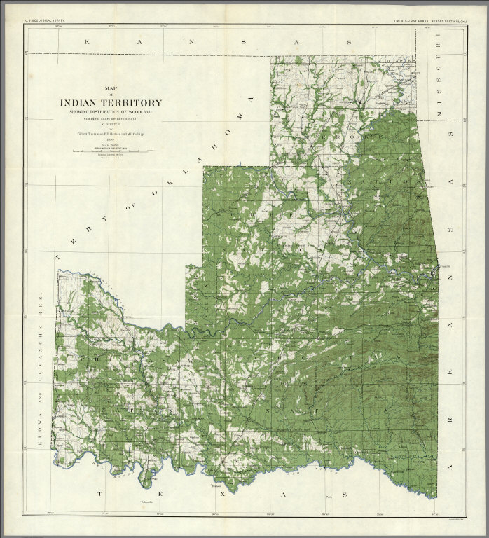 Plate CXLII. Map of Indian Territory, Showing Distribution of Woodland, Compiled under the Direction of C.H. Fitch by Gilbert Thompson, F.E. Matthes and M.L. Cudlipp. 1899.