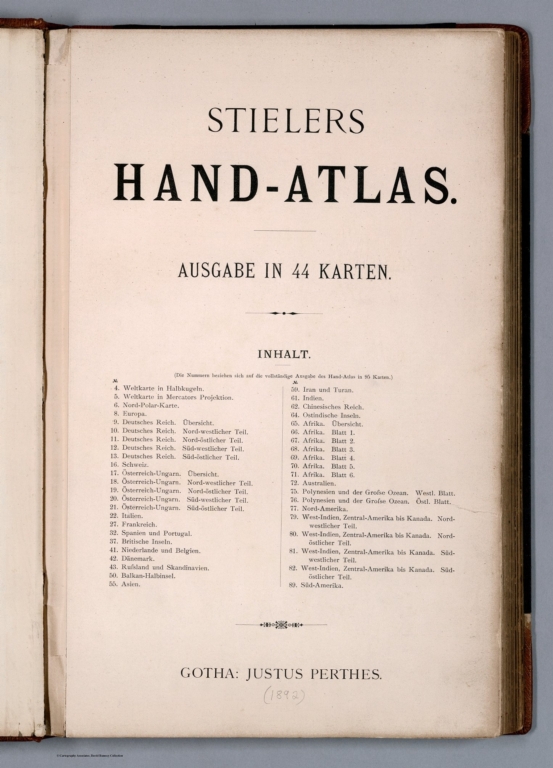Title and Index: Stieler's Hand-Atlas. Ausgabe in 44 Karten. Gotha: Justus Perthes.