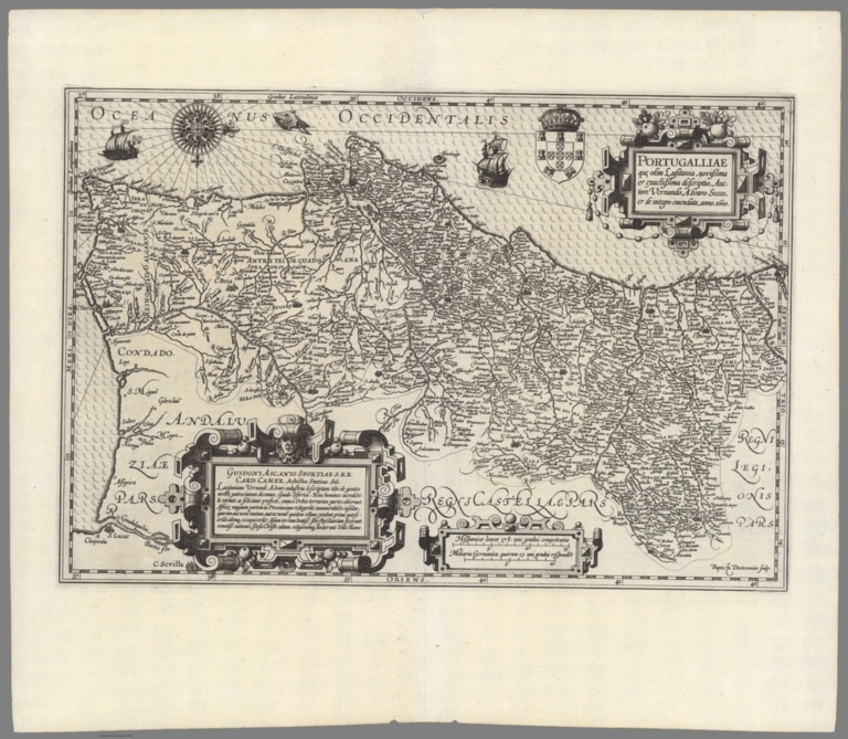Portugalliae que olim Lusitania, novissima et exactis-sima descriptio. Auctore Vernando Alvaro Secco, et de integro emen-data, anno. 1600. Baptista Doetecomius sculp. DEDICATION to Guido Ascanius Sfortia.